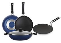 STEREN IMPEX | 5 Piece GREBLON Aluminum Non Stick Cookware Set with Roti Tawa, Gas Stove Compatible Only - (Blue)