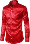 PARKLEES Men's Luxury Jacquard Long Sleeve Dress Shirt Slim Fit Satin Slik Like Floral Printend Shirts for Wedding Party Prom Red M