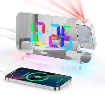Euakee Reloj Despertador Digital con Proyección, Reloj con Espejo LED de 7,4″, Luz Nocturna de 10 Colores, Proyector Giratorio 180º, Cargador USB-C, para Dormitorio Infantil Niñas Niños (Blanco)