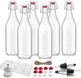 JINSILU Square Swing Top Glass Bottles(1Liter /33 fl.oz.) - Packof 6: Perfect for Fermentation, Kombucha, Mead,Vinegar, Beer,Kefir, Wine, Water & Soda-Includes Funnel,2 Pourers (6PC-33OZ)