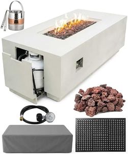 AMS Fireplace Genuine Concrete Rectangular Propane Fire Pit Table for Outside Patio (66" Sedona) | Hidden Tank Drawer & Electronic Ignition | w/Bonus Ice Bucket and Rubber Mat (Cream White)