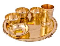 Shiv Shakti Arts® Pure Brass Thali Set | Dinner Set | 6 Pieces (Embossed Flower Eatching Design - Pital | Brass Dinnerware Set, for Gifting Diwali Special.