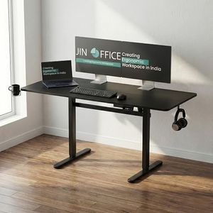 JIN OFFICE EcoSmart Electric Height Adjustable Desk| Sit Stand Table,80 Kg Load, 2 Year Warranty| Standing Desk with Cup Holder, Memory Preset, Stability Crossbar| Ergonomic Split 1400*600mm Top Black