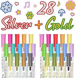 Shuttle Art 28 Pack Double Line Outline Markers, 14 Silver and 14 Gold Colours Squiggles Shimmer Markers Set, Self Outline Metallic Marker Pens for Drawing, Christmas Greeting Card, DIY Crafts