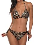 Tempt Me Women Triangle Bikini Sets Halter Two Piece Sexy Swimsuit String Tie Side Bathing Suit, Tan Leopard, Small