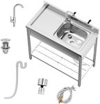 GAOMON Free Standing Kitchen Sink 39''x20''x37'' Stainless Steel, Utility Single Bowl Sink With 360°Rotating Faucet, Hot and Cold Water Pipes, Storage Rack for Kitchen, Restaurant, Garages, Outdoor