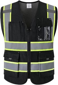 Kazsaifo High Visibility Safety Vest for Men Women with 9 Pockets and Zipper Front Reflective Mesh Safety Work Vest Hi Vis Construction Vest Meets ANSI/ISEA Standards(KZ176-Black-M)