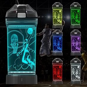 Attivolife Kids Water Bottle, Basketball Sports 3D Illusion LED Light up with 7 Color Changing - 14 OZ BPA Free - Creative Ideal Travel Cup B-Ball Gift for School Kid Boy Child Holiday Camping Picnic