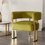 DM Furniture Modern Barrel Accent Chair Living Room Side Chair with Golden Metal Legs Soft Velvet Upholstered Reading Armchair for Bedroom/Reception Room/Lounge/Office, Olive