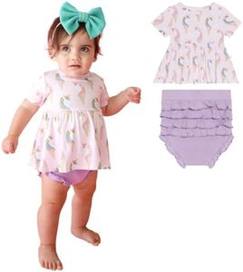 Posh Peanut Short Sleeve Basic Peplum Top & Bloomer Set - Ruffled Bummie Set - Soft Viscose from Bamboo (Unicorn Ice Cream, 2 years)