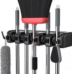 Kienlix Plastic Mop And Broom Holder Wall Mount Hanging Shelves, Heavy Duty Broom Holder Wall Mounted Or Tool Organizer For Home Garden Garage And Storage (5 Positions With 6 Hooks) (Black)