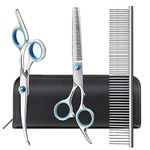 Soslina Professional Blue Pet Grooming Scissors Kit, Heavy Duty Titanium Stainless Steel, Curved, Adjustable, Includes Thinning Shears, Curved Scissors, Comb, Leather Case