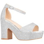 ILLUDE Women's Platform Heels Sandals Ankle Strap Block Chunky Heel Open Toe Platform Wedge Sandals – Cleo, Silver Glitter, 7