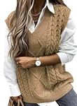 CHICZONE Womens Sweaters Vests Plus Size Cable Knitted Pullover Sweater Vest Ladies Sleeveless V Neck Fall Winter Lightweight Loose Cute Long Tops Khaki X-Large