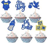 SYKYCTCY 30 Pack Baby Shower Cupcake Toppers Glitter Tie Onesie Baby Bottle Oh Baby Cupcake Picks It's a Boy Cake Decorations for Baby Shower Gender Reveal Kids Boys Birthday Party Supplies Blue