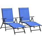 Outsunny Outdoor Set of 2 Lounge Chair, Folding Reclining Garden Sun Lounger with Metal Frame, Adjustable Backrest for Patio, Deck, and Poolside, Blue