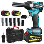 Cordless 1/2 Inch Impact Wrench,1000 N.m(740 Ft-lbs) Brushless High Torque Electric Impact Gun, 3000RPM Power Impact Driver, 2X 4.0AH Li-ion Battery,Charger & 6Pcs Sockets for Car Home DIY Furniture