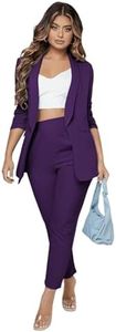 SweatyRocks Women's 2 Piece Solid Ruched Sleeve Blazer and Pants Business Office Suit Set Purple XL