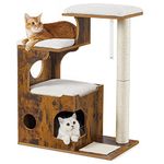 Feandrea 86 cm Cat Tree, Medium Cat Tower with 3 Beds and Cave, Cat Condo Made of MDF with Wood Veneer, Sisal Post and Washable Faux Fur, Vintage, Gray and White PCT70HW