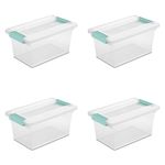 Sterilite Medium Clip Box, Stackable Small Storage Bin with Latching Lid, Plastic Container to Organize Office, Crafts, Clear Base and Lid, 4-Pack