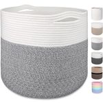 MicroIdeas Large Storage Basket 15.8x13.8in, Blanket Baskets, Cotton Rope Woven Baskets, Toy Bin, Clothes Hamper, Decorative Round Basket Storage for Blankets Home Decor - White Light Grey