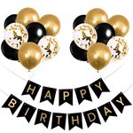 OHugs Happy Birthday Banner, Black and Gold Birthday Decoration - Birthday Banner with 12inch Balloons, Ribbon and Adhesive Wall Hooks for Happy Birthday Decorations for Men, Boys, Women and Girls