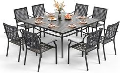 PHI VILLA 9 Pieces Patio Dining Table Set for 8, 60” Square Metal Wrought Iron Dining Table & Stackable Dining Chairs, Large Dining Furniture Set for Outdoor Deck, Yard, Porch