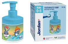 Jordan ® | Kids Toothpaste Pump | Toothpaste on a Pump Dispenser Equivalent to 3 Regular Tubes | Innovative and Convenient Solution Developed for Children | 0-5 Years | Strawberry | 1000ppm | 150 ml