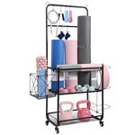 TOPWE Yoga Mat Storage Rack, 3 Tier Dumbbell Rack with Wheels and Hooks, Multifunctional Home Gym Storage Rack for Dumbbells Yoga Mats Foam Rollers Kettlebells