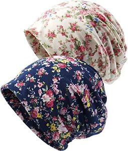 Glamorstar Floral Lace Beanie Hat Chemo Cap Stretch Slouchy Turban Headwear, 2 Packs-Beige Navy, One Size