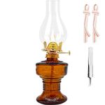 Kerosene Oil Lamp,1 Vintage Kerosene Lamp,1 Tweezers and 2 Wicks,Glass Hurricane Lantern for Indoor Lighting Decoration Outdoor Camping Use (Brown)