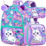 16" Cat Backpack for Girls, 3Pcs Kids Bookbag Set for Kindergarten/Preschool/Elementary School，Waterproof Lightweight Backpacks with Lunch Box (Purple)