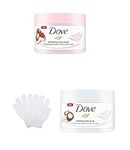 Dove Exfoliating Body Scrub Crushed Macadamia and Rice Milk (225ml) and Dove Exfoliating Body Scrub Pomegranate Seeds and Shea Butter (225ml) Bundled With Bath Shower Exfoliating Gloves (1 Pair)