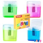 4 Pcs Manual Pencil Sharpeners with Cover Portable Pencil Sharpener for Kids Students School Home Office Supply with 4 Pcs Erasers OS0603