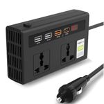 Trenzu 7-in-1 Car Power Inverter | Portable Car Laptop Charger | 12v DC to 220v AC Converter | 2 3Pin AC Outlets, 3 USB, 1 Type C (27W PD) Fast Charging | 200W Car Socket to Plug Adapter