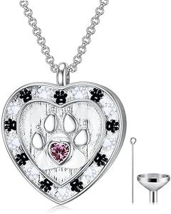 SOULMEET Custom Silver/Real White Gold Paw Print Necklace for Ashes, Personalize Engraving Birthstone Pet Urn Necklace for Ashes Keepsake Cremation Jewelry for Pet Cats Dogs-October