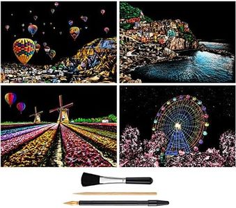 Rainbow Scratch Art Painting Paper (A4) for Kids & Adults, DIY Night View Scratchboard Set: 4 Sheets Scratch Cards & Drawing Pen, Clean Brush (Cinque Terre / Windmill / Hot Air Balloon / Ferris Wheel)