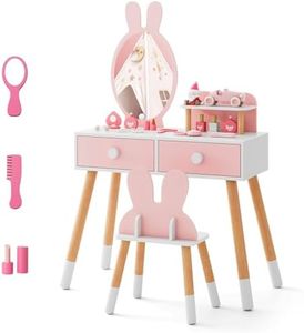 HONEY JOY Kids Vanity Set, Girls Vanity Set with Mirror and Stool, 2 Large Drawers, Storage Shelf, Wooden Princess Makeup Dressing Table, Pretend Play Vanity Table and Chair Set for Toddlers (Pink)
