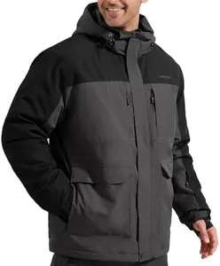 FREE SOLDIER Men's Waterproof Ski Jacket Fleece Lined Warm Winter Snow Coat with Hood Fully Taped Seams(Gray Black,L)
