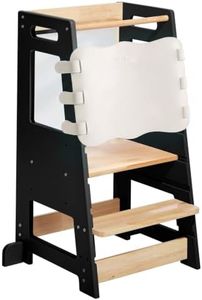 Toddler Standing Tower, Adjustable Height Toddler Tower with Safety Rail and Anti-Slip Feet, Wooden Kids Kitchen Learning Helper with Magnetic Chalkboard, Black