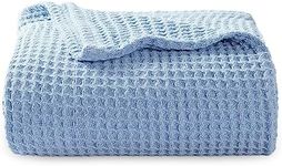 Bedsure 100% Cotton Blanket Twin XL Size for Bed - Waffle Weave Fall Blanket, Lightweight and Breathable Soft Woven Blanket for Summer, Blue, 66x90 inches