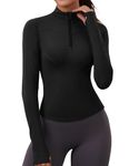 Rapbin Women Gym Tops Long Sleeve Black Sweatshirt Workout T-Shirt Ladies Tops Quarter Zip Activewear with Thumb Holes (Black,S)