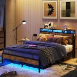 Bestier Full Size Bed Frame with Headboard and Storage, Dual LED Platform Bed Frame with Charging Station, Non-Slip Metal Bed Frame, Noise-Free, Easy Assembly