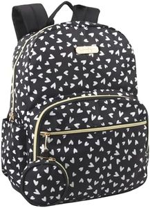 Jessica Simpson Women s Designer Laptop Backpack with Side Pockets, Wallet | 2 Piece Backpack Change Purse Set for Women, Black & White Hearts, Large, Casual Daypack