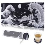 KuZaiALi Black and White Japanese Kanagawa Painting Mouse Pad (Bouns: coaster+Bag) 31.5x11.8 Inch 3mm Thick Extended Gaming Mousepad Non-Slip Water-Proof Keyboard Pad for Study, Gaming, Office at Home