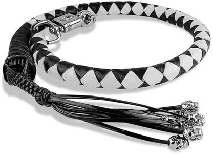 HADZAM Genuine Leather Motorcycle Get Back Whip 42” for Handlebar with Fringes and Quick Release Clasp (White Black, 42 Inch (Skulls on Fringes))