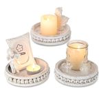 Hanobe Wood Plate Candle Holder: Small Candle Plate Set of 3 Decorative White Washed Beaded Candle Tray Round Candle Stick Holders Farmhouse Table Centerpiece for Fireplace Dining Room Home Decor