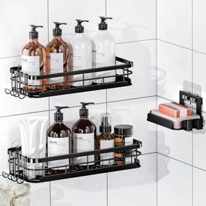 Getsrichfc Shower Caddy, Large Size Shower Shelves with Soap Holder Adhesiveand 4 N-Shaped Hook, Rustproof Stainless Steel Bathroom Accessories Organizer, No Drilling Wall Mounted Rack, 3 Pack