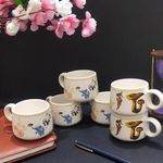 KIE Beautiful White Floral Flower Handprinted Colorful Ceramic Coffee Tea Cups - Best Gift for Anniversary/Birthday |Tea Cups with Antique Alive Print (Set of 6 pcs,120 ML, Microwave Safe)