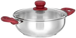 Amazon Brand - Solimo Stainless Heavy Bottom Steel Kadai with Glass lid |Three Layer Impact Forged Bottom for Durability | Premium Look with Soft Touch Handles and Knob